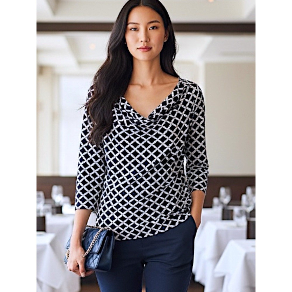 Boden  Womens Cowl Neck Top US 12 Navy White Geometric 3/4 Sleeves Quiet Luxury